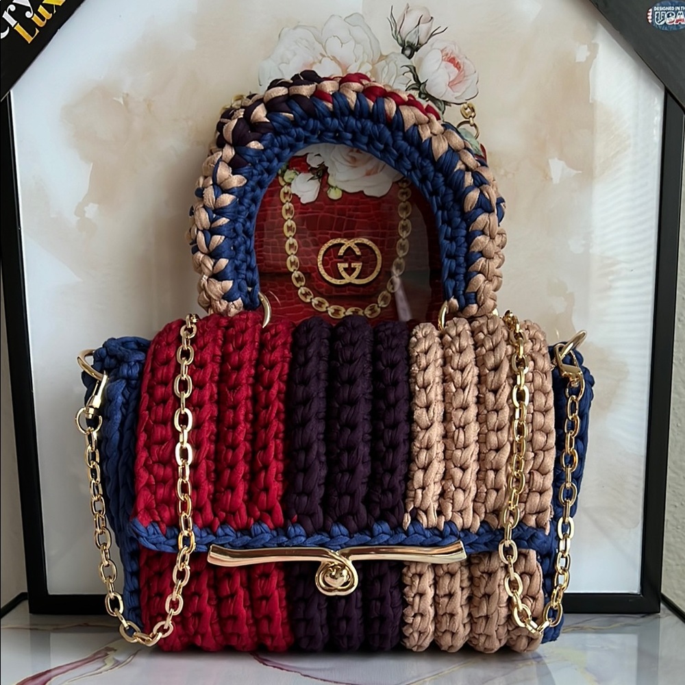 Hand Crafted Multicolor Top Handle Crochet Handbag - Picture 6 of 15